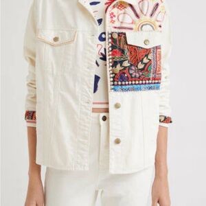 Desigual White Jean Jacket with Multicolor Embroidery